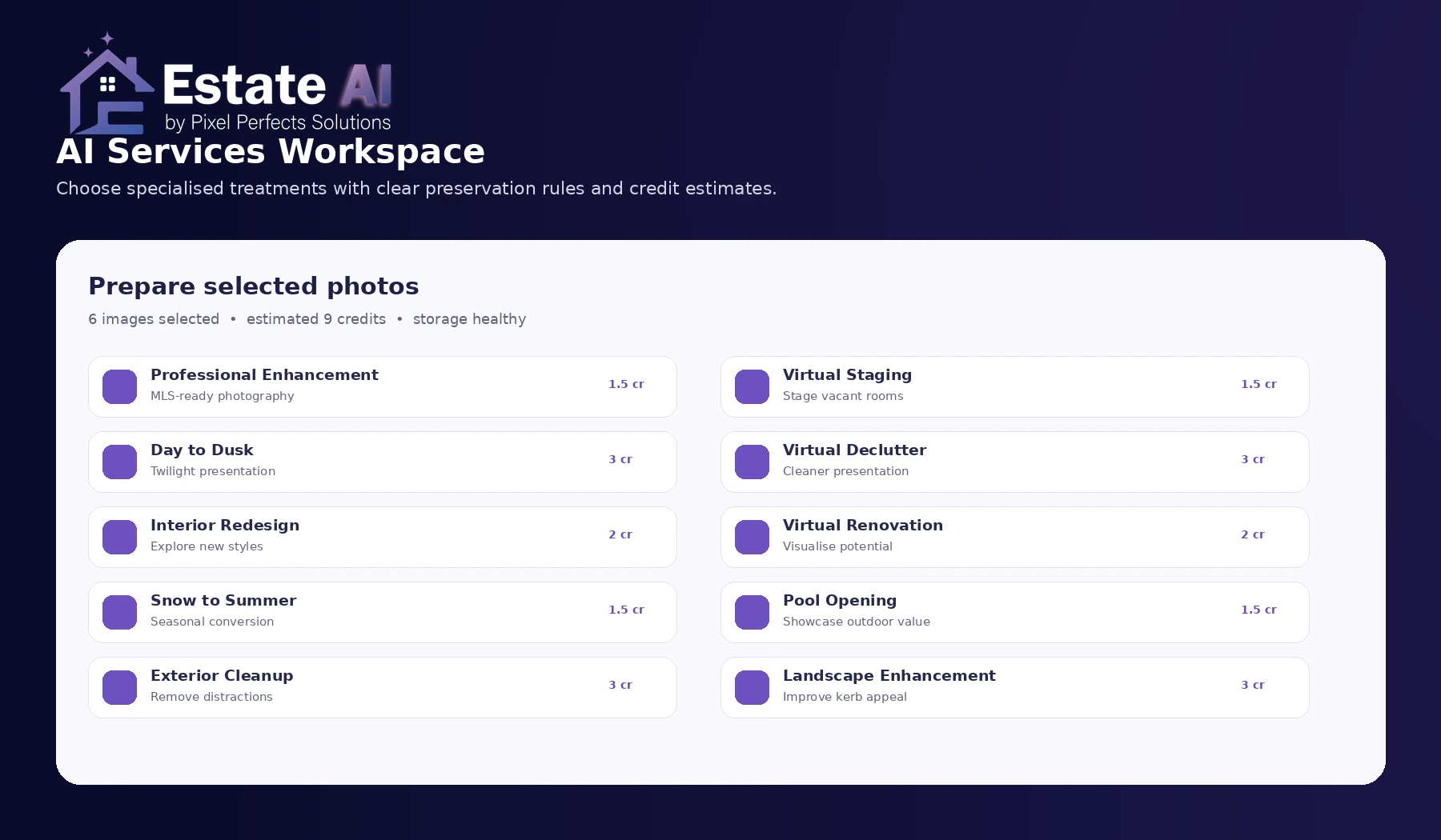 EstateAI AI services workspace with virtual staging and image enhancement options