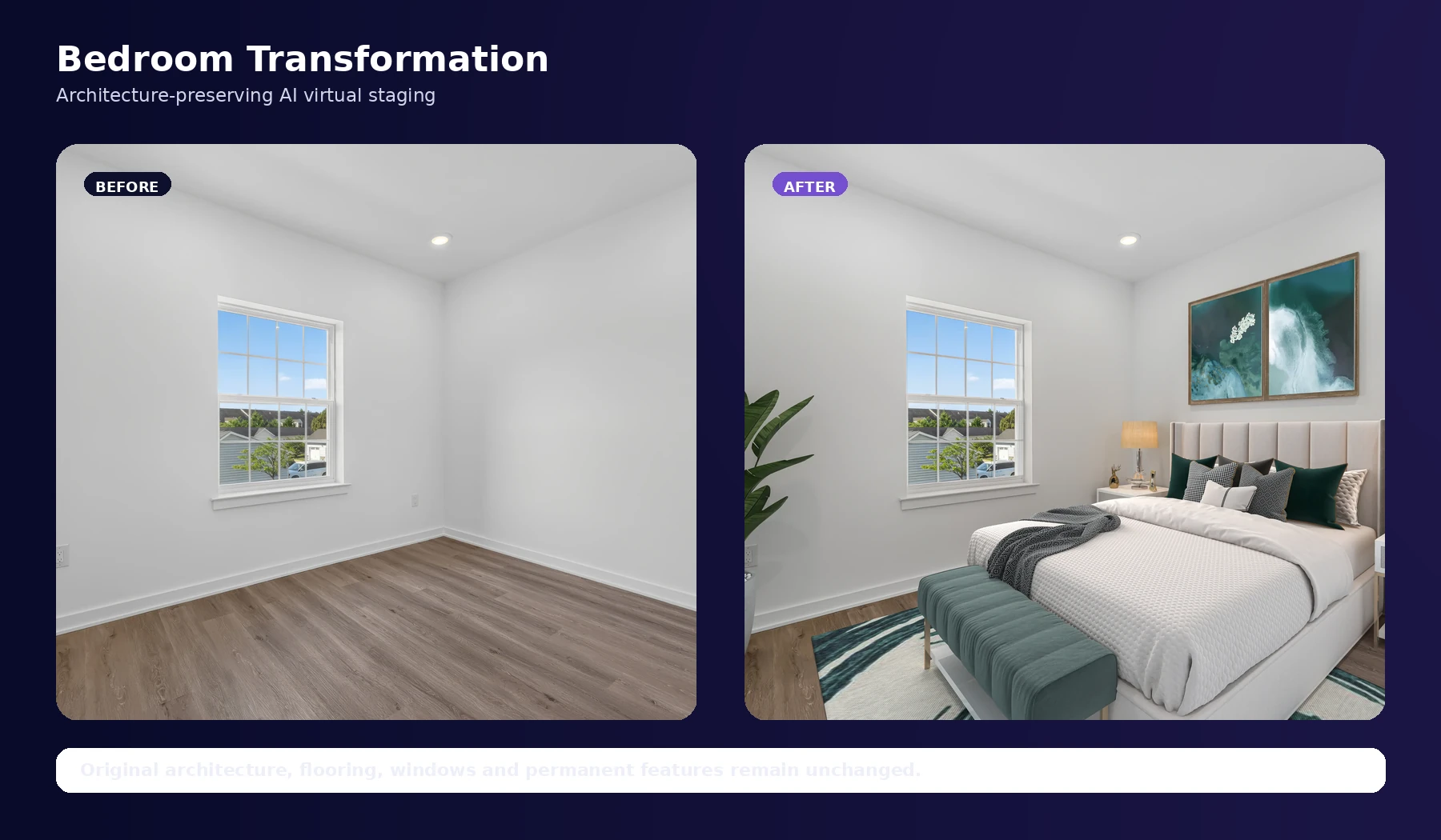 EstateAI bedroom AI virtual staging before and after comparison