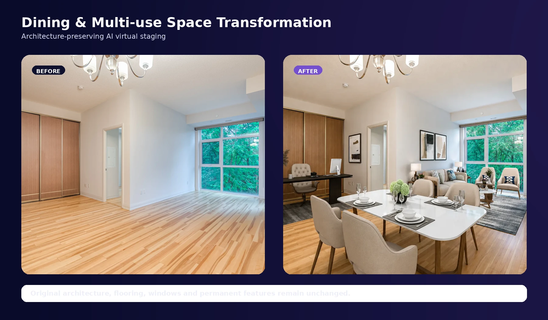 EstateAI dining room AI virtual staging before and after comparison