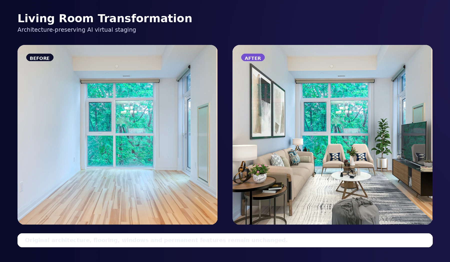 EstateAI living room AI virtual staging before and after comparison
