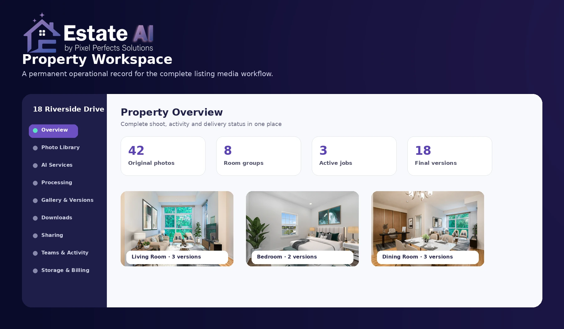 EstateAI property workspace interface showing connected property media workflow