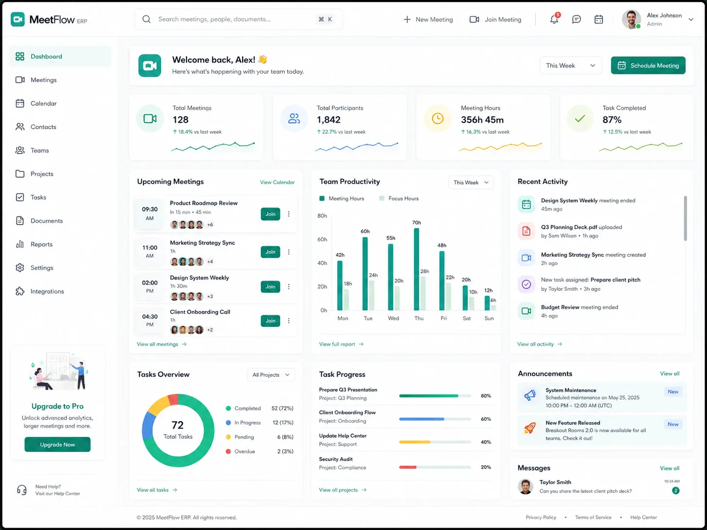 MeetFlow ERP dashboard overview screen